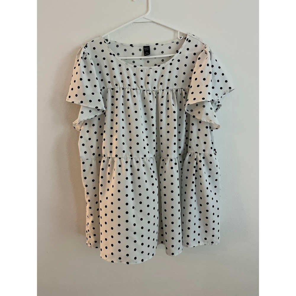 Emery Rose Polka Dot Babydoll Top 3XL White Black Flutter Sleeve Tiered Blouse